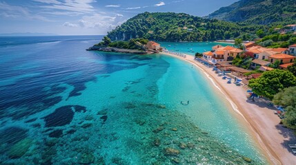 Crystal Clear Turquoise Water, Sandy Beach, and Lush Green Hills