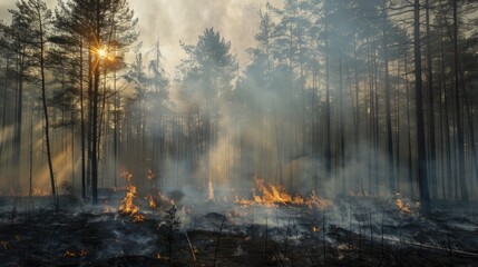 Trees burned by smoke flames at forest wildfire is ecological disaster