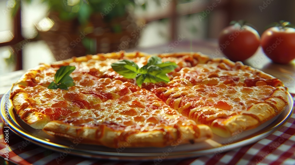 Poster a detailed view of a pizza sliced and arranged on a plate