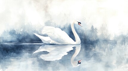 Watercolor Painting of a Swan on a Misty Lake