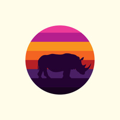 Silhouette of a rhinoceros against a striped retro sunset. Original vector illustration in vintage style isolated on light background. T-shirt design.