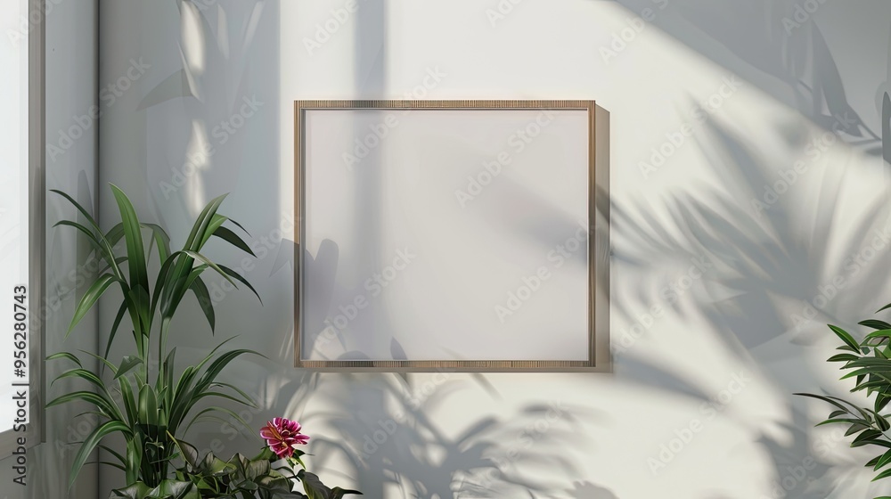 Aufkleber horizontal picture frame mockup on white wall with flowers blank frame with copy space