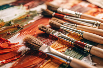 Obraz premium Artist Brushes with Vibrant Paint in Creative Workshop Setting for Art Enthusiasts