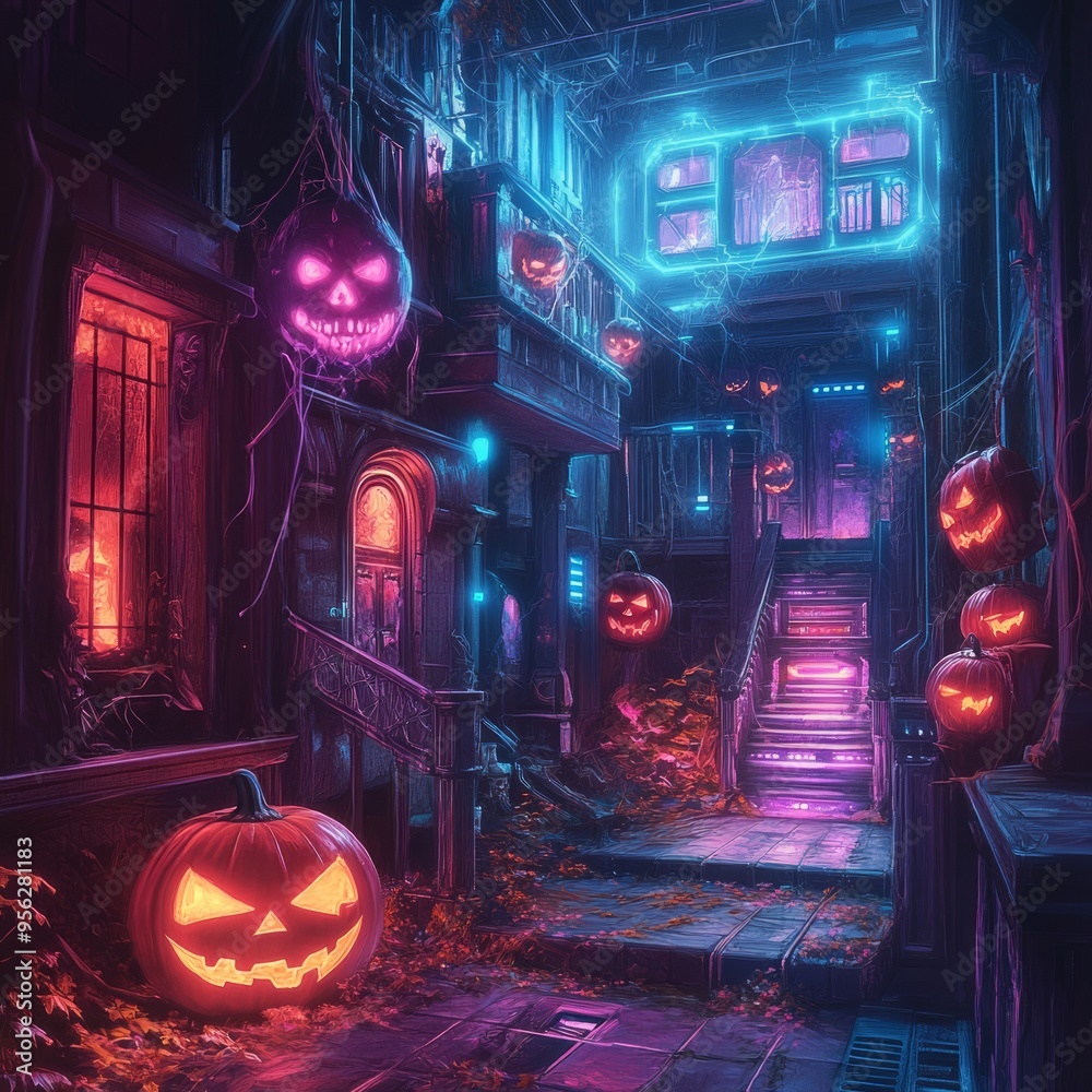 Sticker A neon-lit street scene with pumpkins and spooky decorations, creating a vibrant and eerie atmosphere for Halloween.