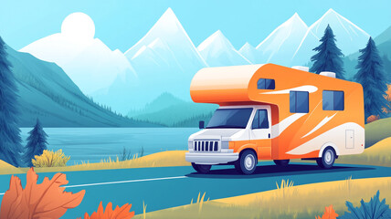 A colorful RV travels along a scenic lakeside road surrounded by mountains during daytime