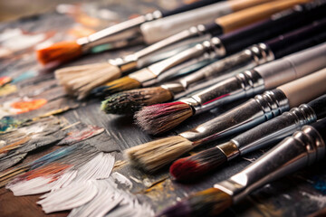 Fototapeta premium Collection of Artist Paintbrushes with Vivid Paint on Palette: Creativity in Process