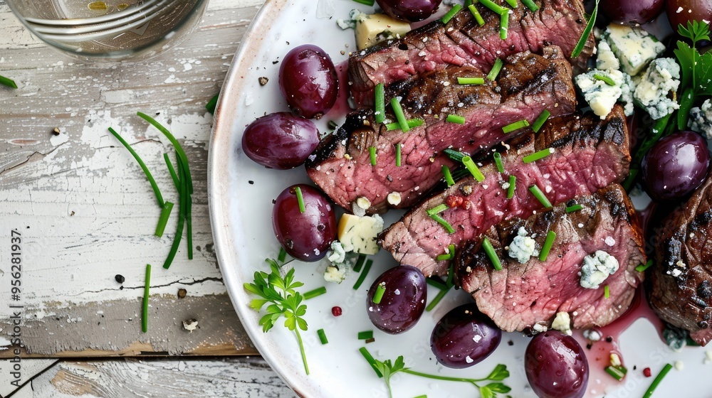 Poster roast beef steak served with salad of red grape crumbled blue mold cheese and chives on plate on whi