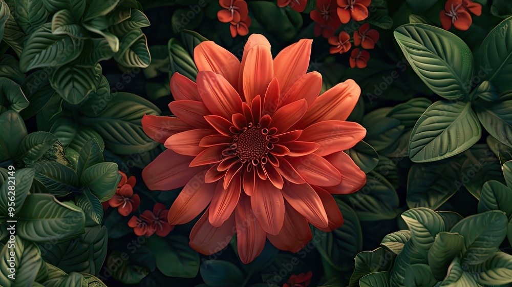 Poster in a lush garden a vibrant red flower with delicate petals blooms gracefully adding a burst of color