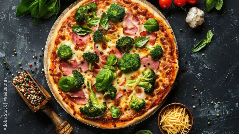 Poster top view of low carb pizza with broccoli tomato paste ham and cheese