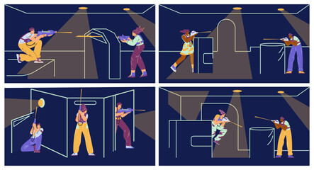 Vector set graphics capturing the excitement of laser tag with cartoons characters wielding pistols