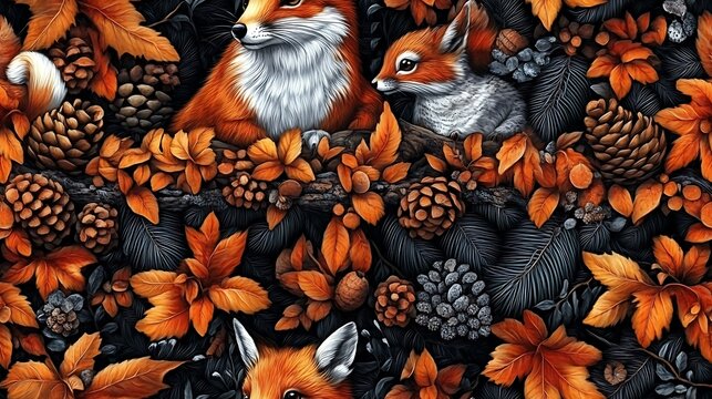 A seamless pattern of foxes, squirrels, deer, and owls playing among autumn leaves and pinecones, with a warm, earthy color scheme and detailed textures that evoke the tranquility of a forest in fall,