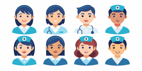 Nurse avatar set vector icon, Hospital man and women staff face vector illustration