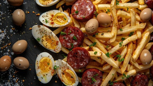 Peruvian fast food salchipapas french fries and sliced sausage with hard boiled quail eggs