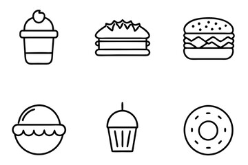 set of icons of food: Sandwich, Hot Dog, Muffin, Taco, Smoothie, Doughnut, Cupcake 