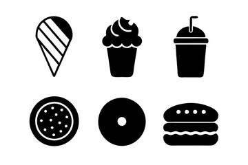 set of icons of food: Sandwich, Hot Dog, Muffin, Taco, Smoothie, Doughnut, Cupcake 