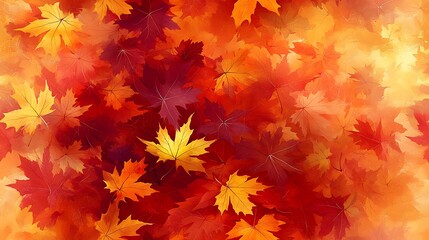 Fototapeta premium A seamless pattern of maple leaves in vibrant fall colors, ranging from deep red to bright orange and golden yellow, the leaves scattered and softly falling across a textured background,