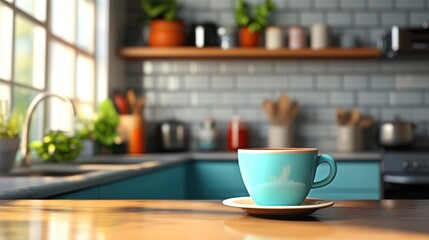 3D rendering of a kitchen interior featuring a coffee cup