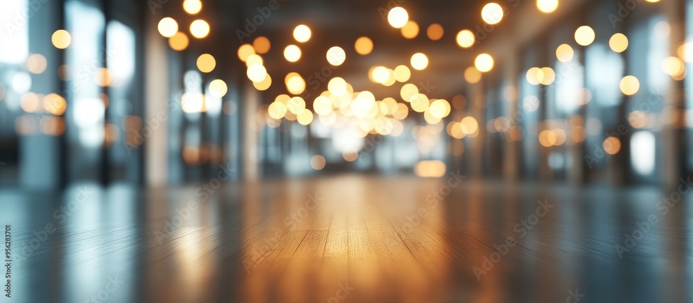 Poster 3d rendering of a blurred empty open office space with abstract light bokeh for design purposes