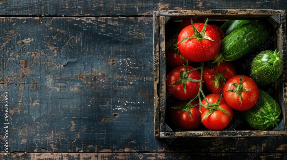 Poster various fresh vegetables in box on wooden table tomato and cucumber top view flat lay with copy spac