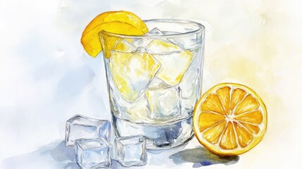 Watercolor Illustration of a Glass of Water with Lemon and Ice