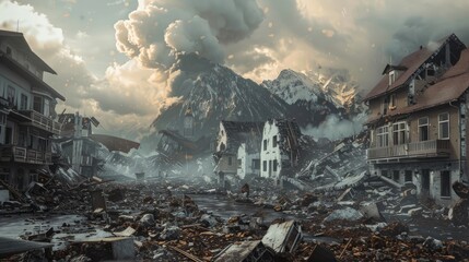 damaged buildings and nature caused by natural disasters of volcanic eruptions