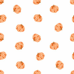 Beautiful autumn seamless pattern with hand drawn gouache pumpkin illustrations. Fall design print. Stock illustration.