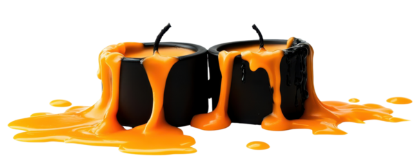 Two black candlesn melting with vibrant orange wax pooling around them