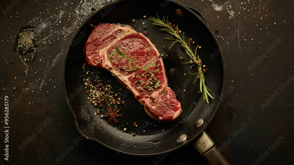 Poster raw ribeye steak entrecote in pan and spices top view