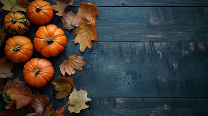 Wooden table with autumn leaves and pumpkins seen from above. Text space available