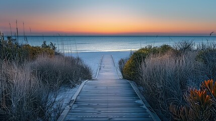 Obraz premium A peaceful stroll down a boardwalk leading to a beach at sunset, with the path lightly adorned with native shrubs and the horizon meeting the calm evening ocean in a splash of sunset colors.