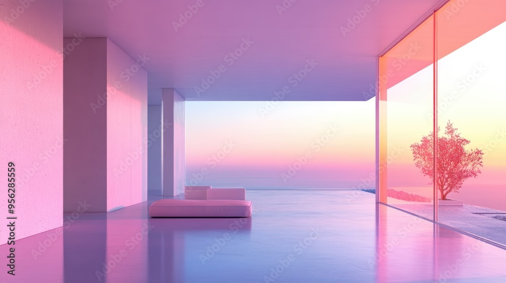 Poster abstract minimalist house interior featuring smooth architectural design and large windows enhanced 
