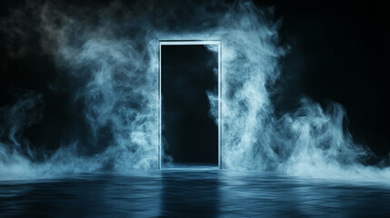 Mystical smoke swirling from a mysterious door in the darkness abstract surreal afterlife heavenly fog and light with black background negative space copy space life after death path journey portal