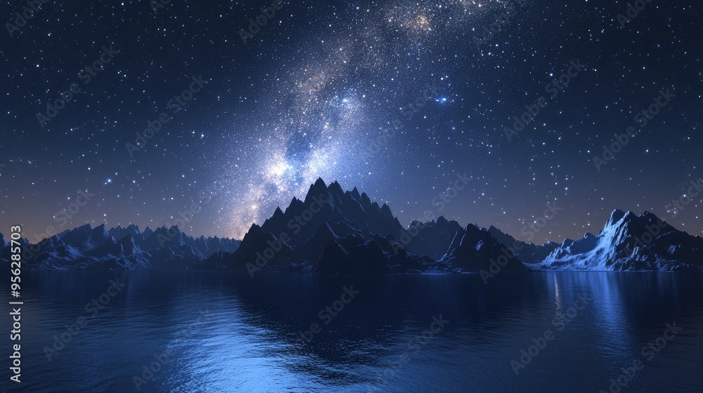 Canvas Prints 3d cartoon rendering of a night view of the milky way above mountains on an island with stars
