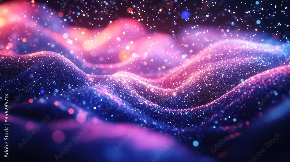 Aufkleber Glowing particles stars and a sparkling flow create an abstract background with sparkle glitter in a 3D cartoon rendering