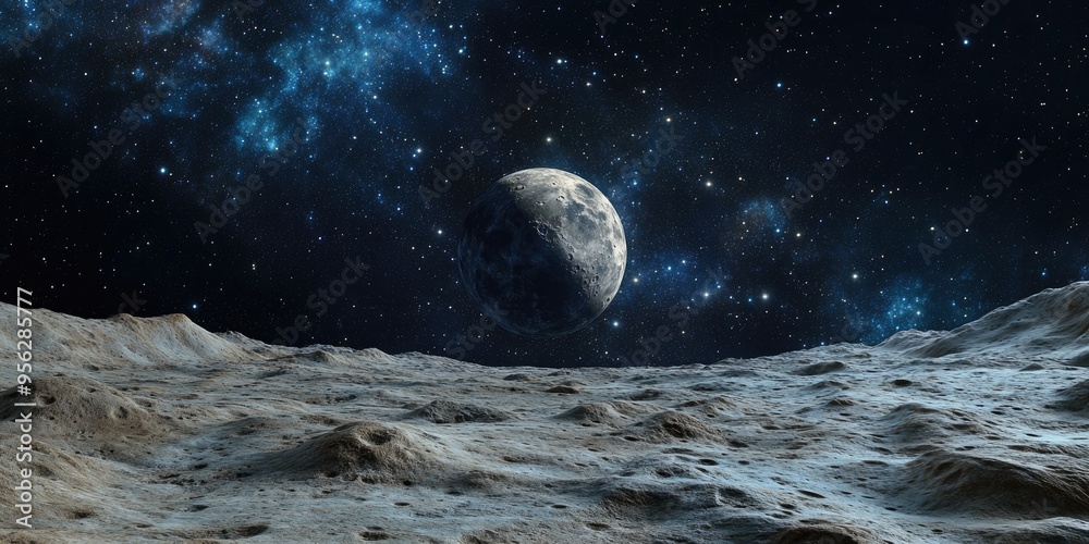 Poster Realistic 3D rendering of the surface of the Moon featuring space planets a satellite nebula and stars