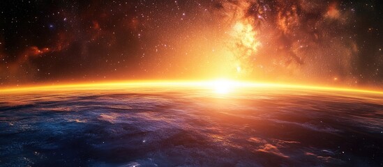 Fototapeta premium Landscape featuring a view from space with the Milky Way galaxy at sunrise rendered in 3D cartoon style