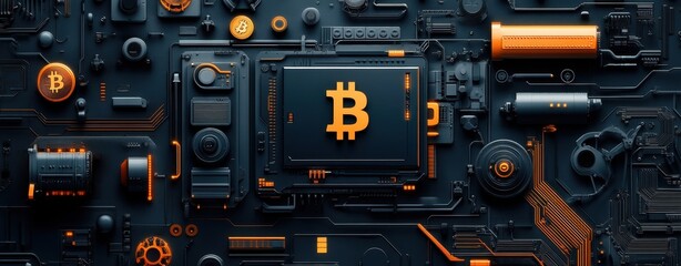 Fototapeta premium High-Tech Crypto Processor, bitcoin symbol embedded in glowing blockchain microchip, showcasing advanced crypto mining hardware and secure digital currency infrastructure for next-gen fintech systems