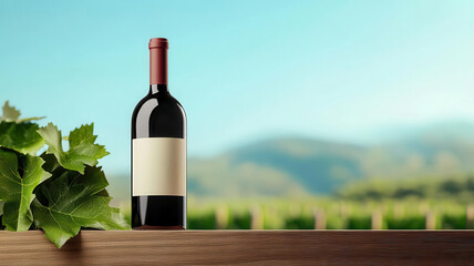 Fototapeta premium Organic wine bottle, with vineyard background, 3D illustration