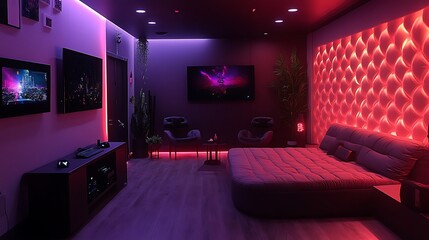 A state-of-the-art VR gaming room, featuring padded metallic walls, an open layout with no furniture, and motion sensors embedded in the walls and ceiling,