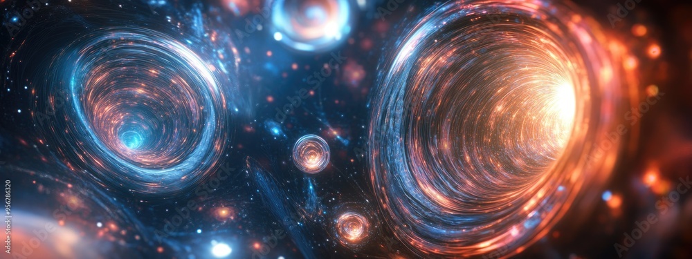 Aufkleber 3D cartoon visualization featuring a series of space vortexes with a backdrop of translucent vortices fractal elements lights and textures ideal for projects related to science technology and desi