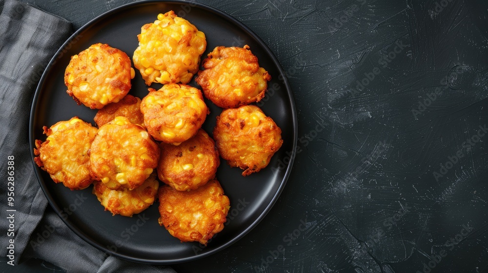 Poster homemade fried cheddar corn fritters on a plate top view flat lay overhead from above copy space