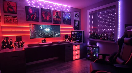 A superhero-inspired gaming room, with walls adorned with iconic comic book covers, vibrant blue and red lighting, and a gaming setup with superhero-themed gadgets,