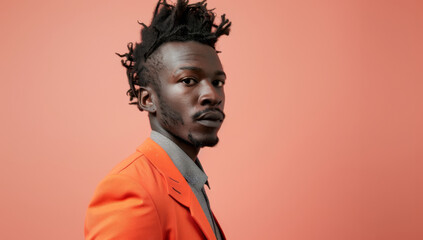 Fototapeta premium A handsome Black man Confident smile portrait of a young Black man in a vibrant orange suit against a bold orange backdrop