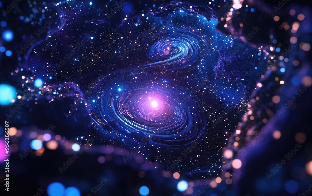 Poster 3d cartoon depiction of cosmic waves and a black hole in deep space featuring a nebula at the center