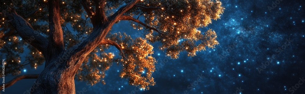 Aufkleber Tree with Dark Night Sky in 3D Cartoon Rendering