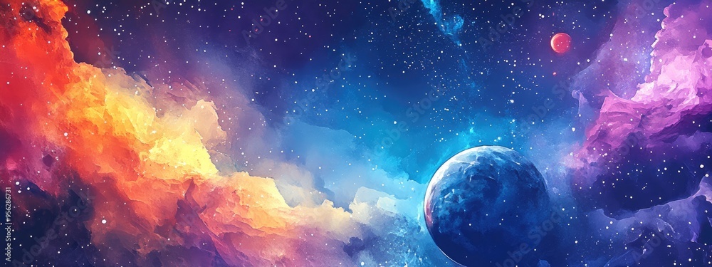 Poster Watercolor texture background of space featuring a 3D cartoon rendering
