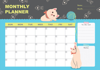 Monthly planner with cats, yarn ball and cute elements in flat cartoon style. Schedule template, monthly planner for printing. Cartoon cats vector illustration for kids. To do list, Notes.