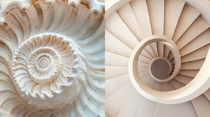 Nautilus shell and spiral staircase illustrating biomimicry in design, showcasing natural patterns and architectural innovation.