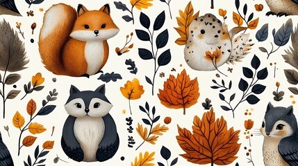 A seamless pattern of woodland creatures like foxes, squirrels, and owls, surrounded by autumn foliage, with warm colors and playful, cozy vibes, hd quality, intricate details, soft focus,