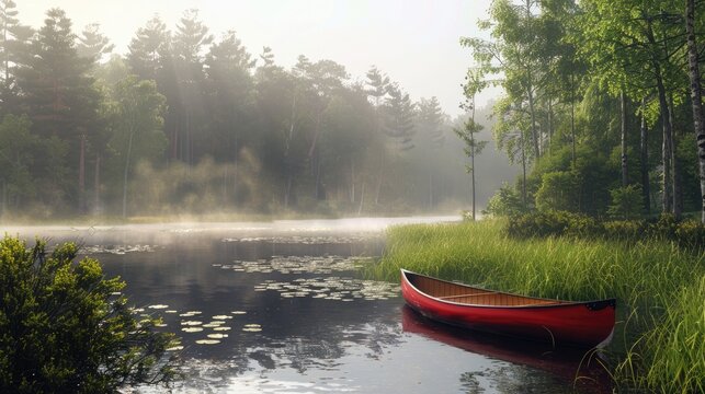 Outdoor photo of picture of a landscape with a misty morning lake red canoo and green trees